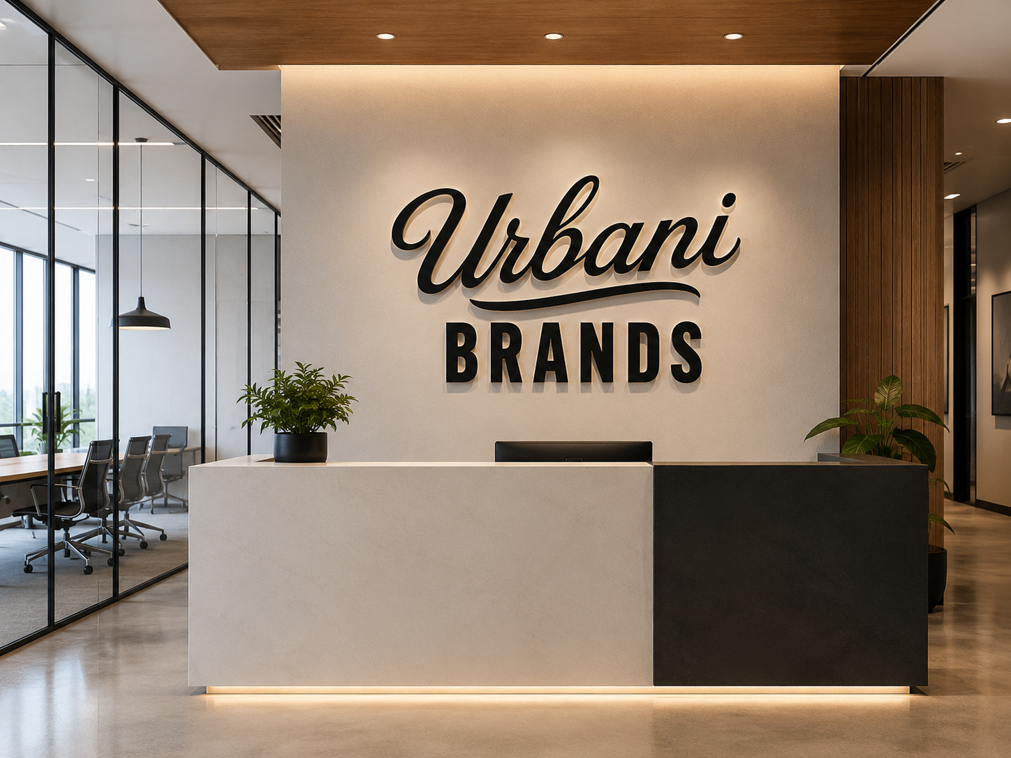 Urbani Brands office lobby with the Urbani Brands wall logo